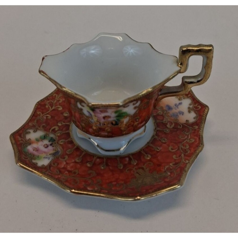 VTG  Japan Hand Painted Miniature Cup Saucer Red Gold Floral Porcelain 1920s-30s